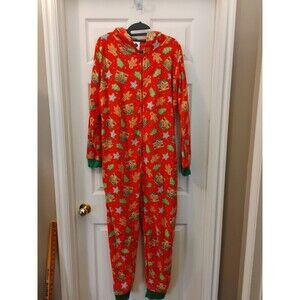Merry Moments Gingerbread Christmas One Piece Hoodie Pajamas Red Adult Medium